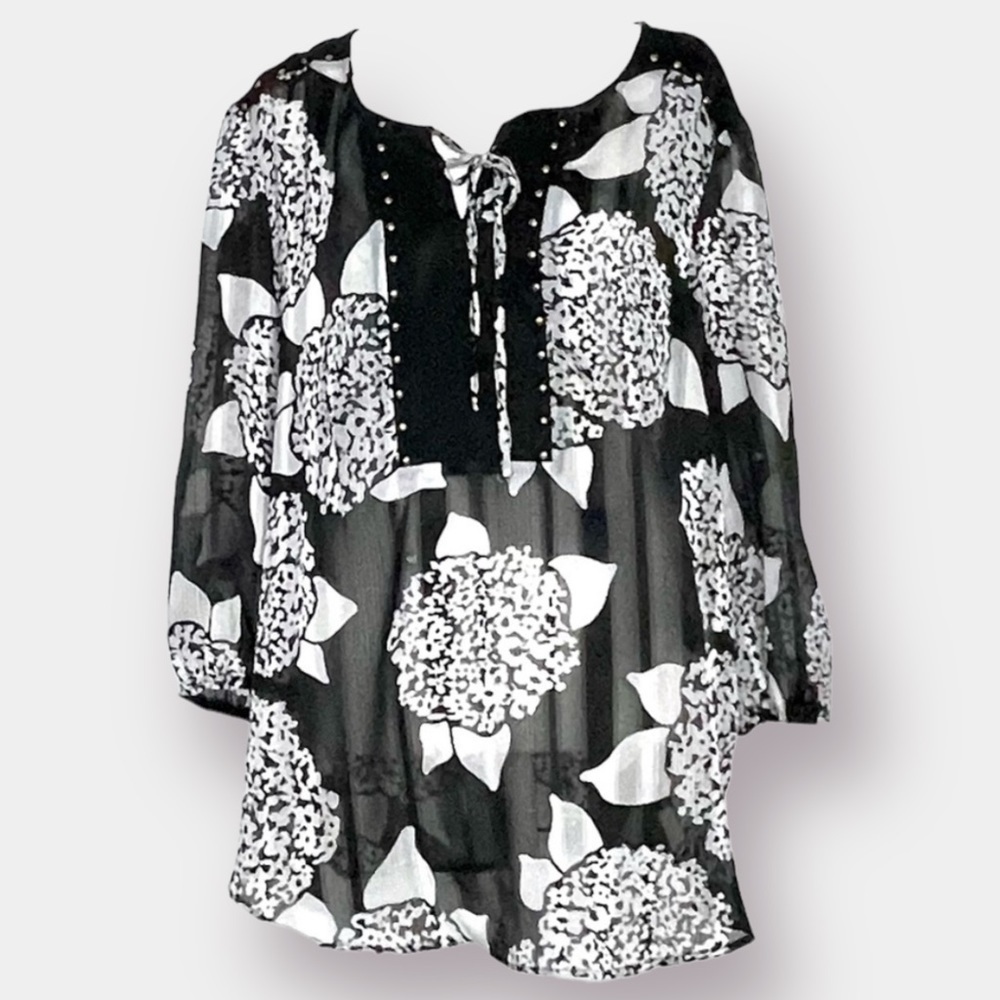 Cato Black White Blouse Faux Suede Gold Studs Detail Tie Size 14-16W